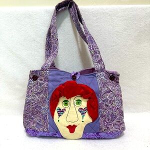Hand crafted quilted lavender purse bag painted lady multiple pockets paisley‌
